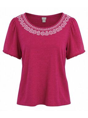 Chico’s 3 Linen Shirt Top XL Pink Short Flutter Sleeve Floral Embroidered Fringe